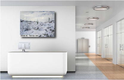 Saguaro Desert Wall Art – Winter Cactus Print | Rare Snowfall Photography Tucson
