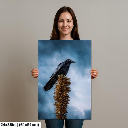 Raven Perched on Golden Agave Stalk - Dramatic Bird Wildlife Photography Print