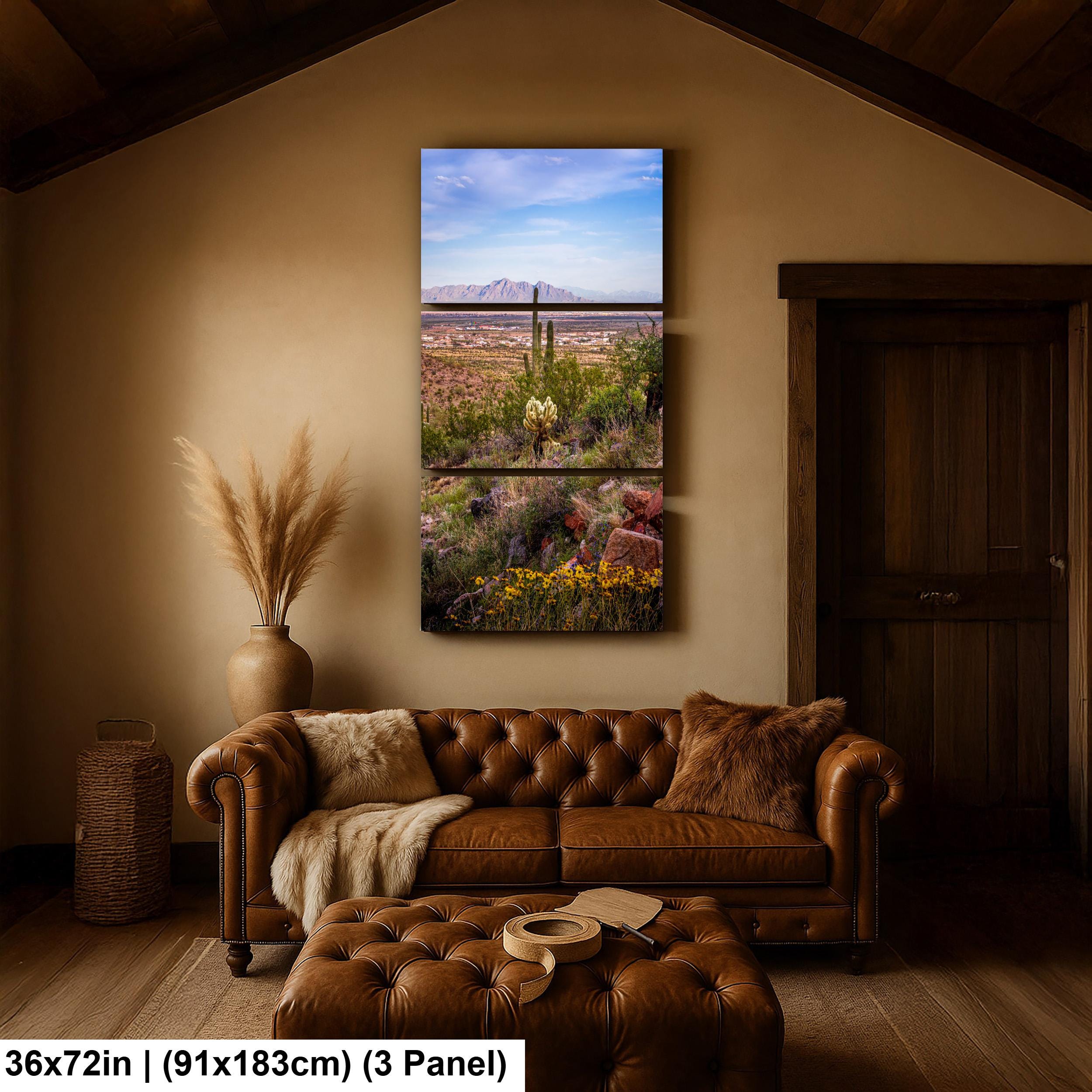Mountain View Hike with Saguaros and Wildflowers, Casa Grande Arizona Desert Wall Art