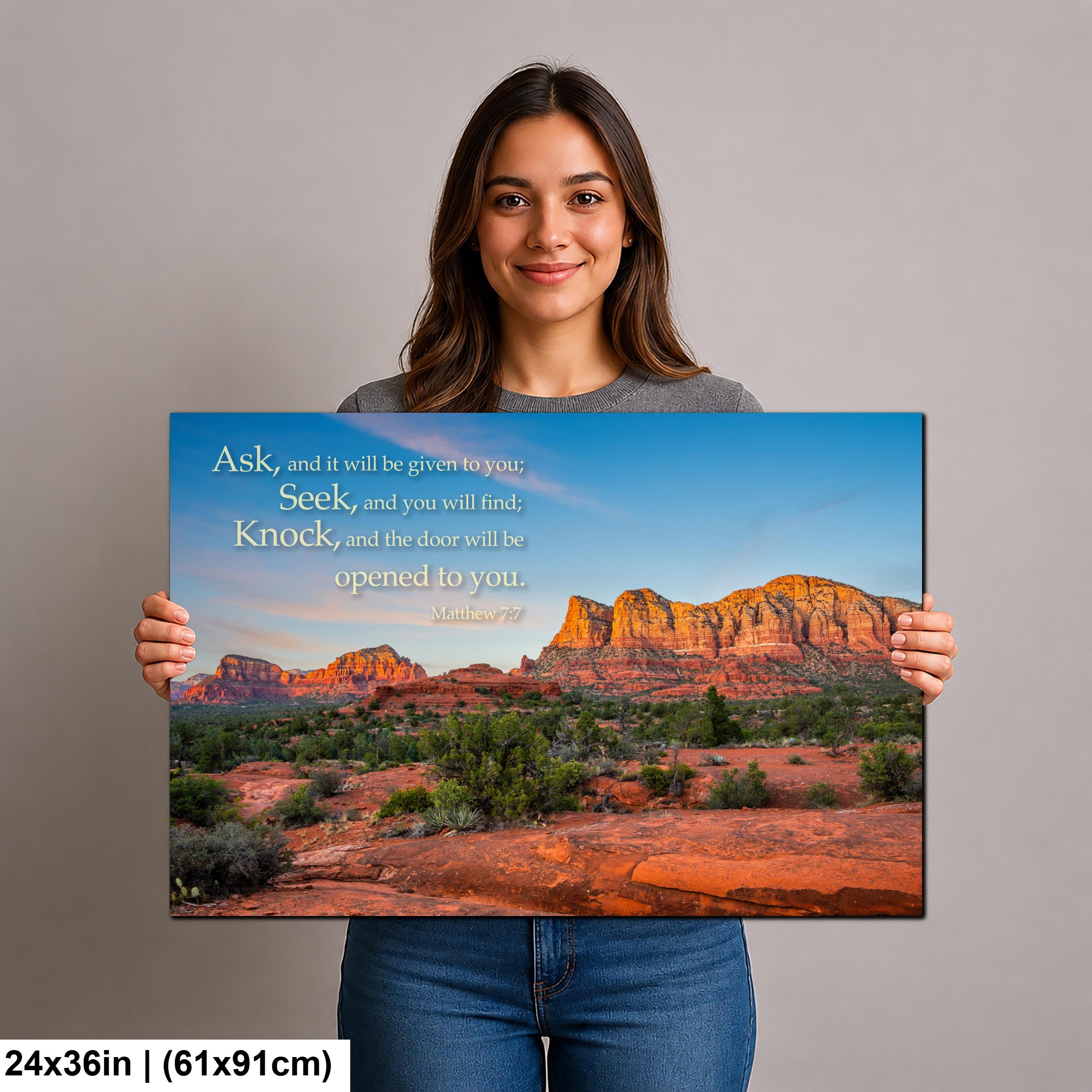 Matthew 7:7 Inspirational Bible Verse Wall Art for Faith and Perseverance, Sedona Red Rock Landscape Photography Wall Art