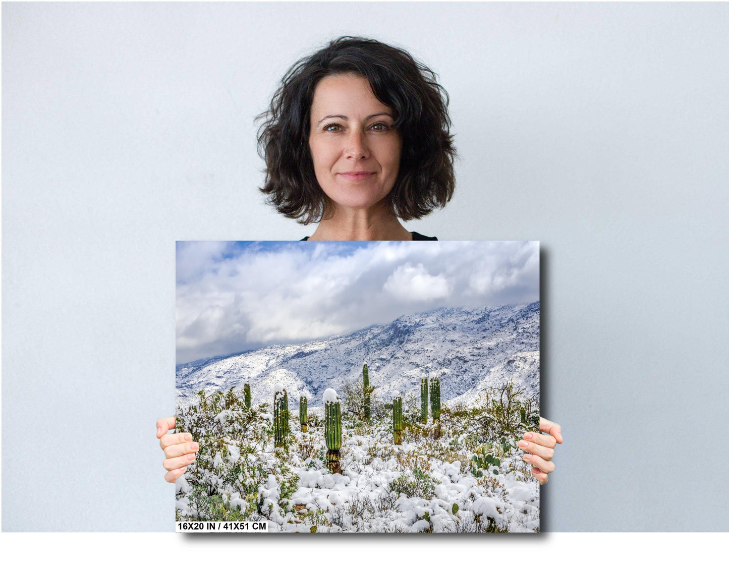 Saguaro Desert Wall Art - Winter Cactus Art Print | Snowy Desert Landscape Decor