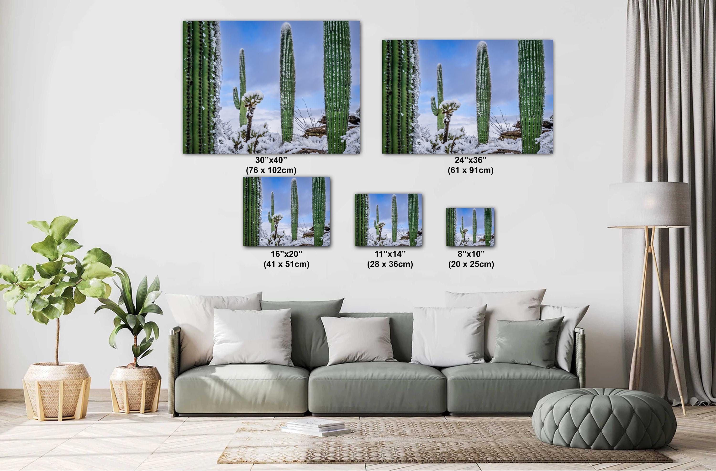 Saguaro Cactus Wall Art - Snow-Covered Desert Landscape Print | Southwest Art