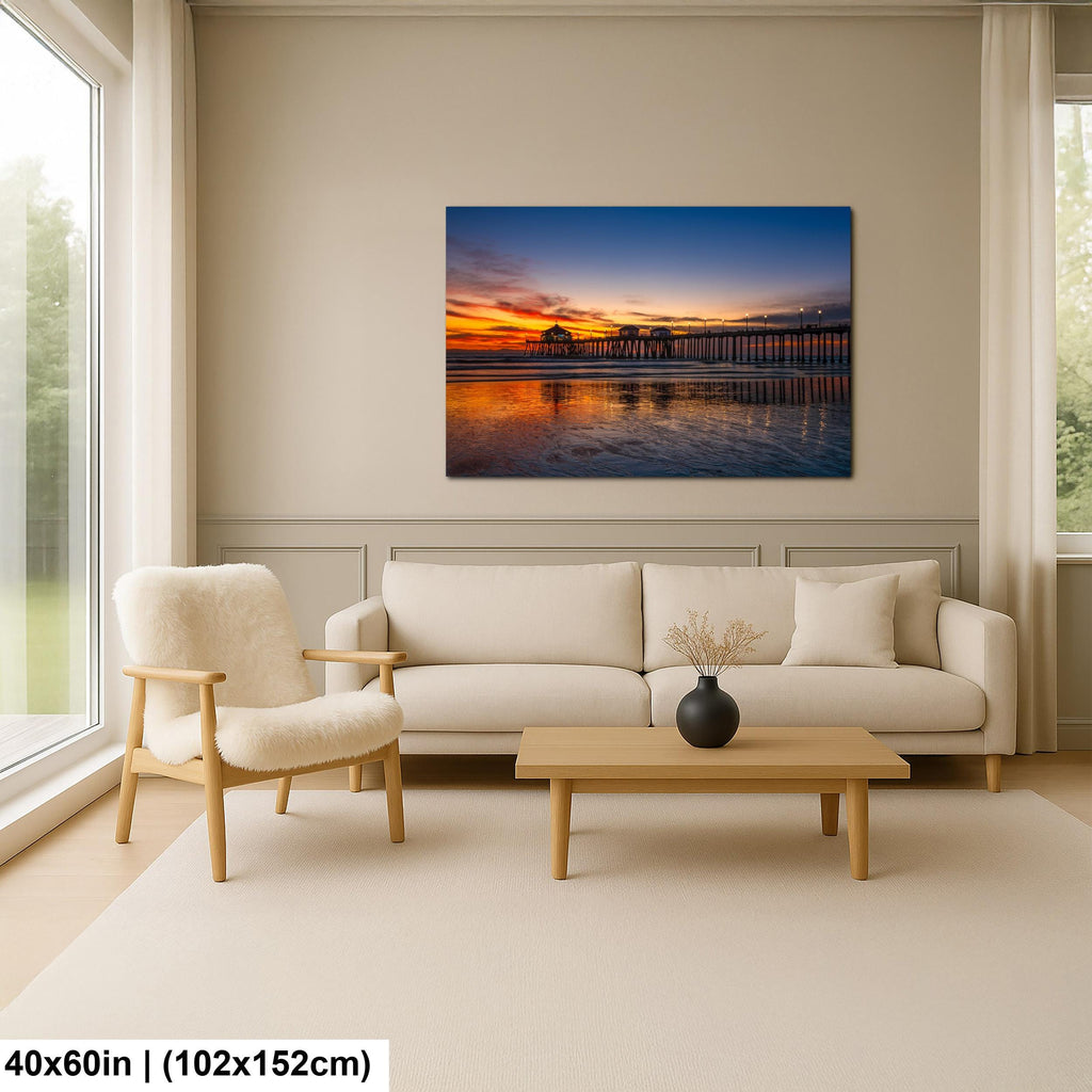 Huntington Beach Pier Sunset, California Coast Ocean Photography Print, Coastal Wall Art, Orange Sky Reflection, Beach Home Decor