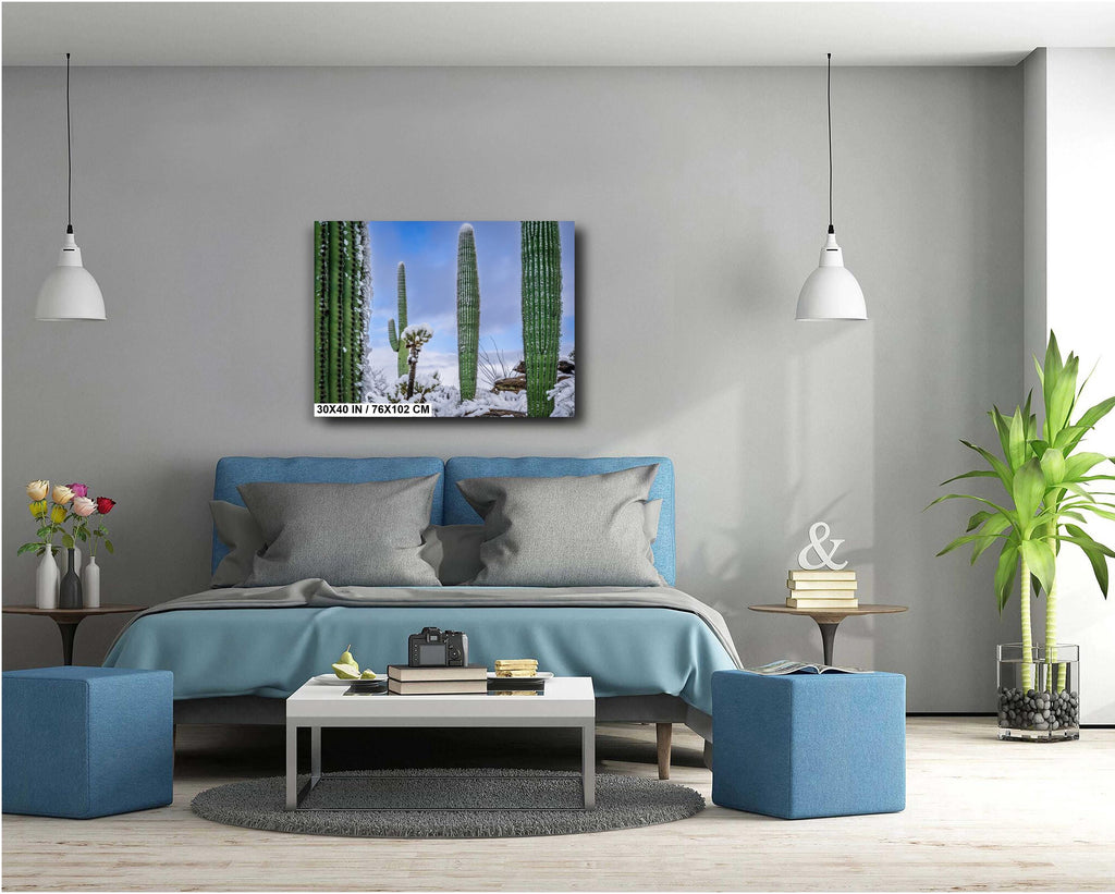 Saguaro Cactus Wall Art - Snow-Covered Desert Landscape Print | Southwest Art
