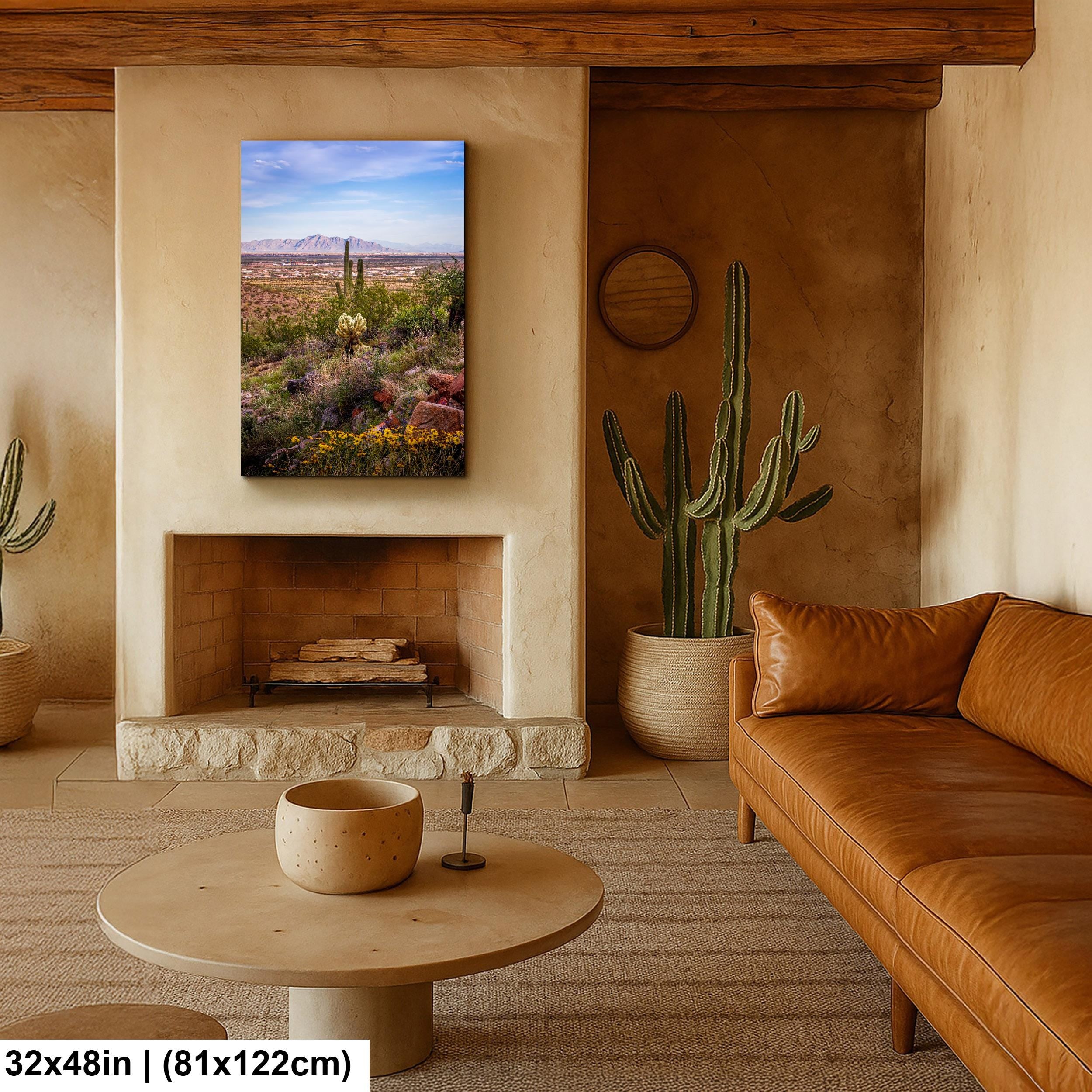 Mountain View Hike with Saguaros and Wildflowers, Casa Grande Arizona Desert Wall Art