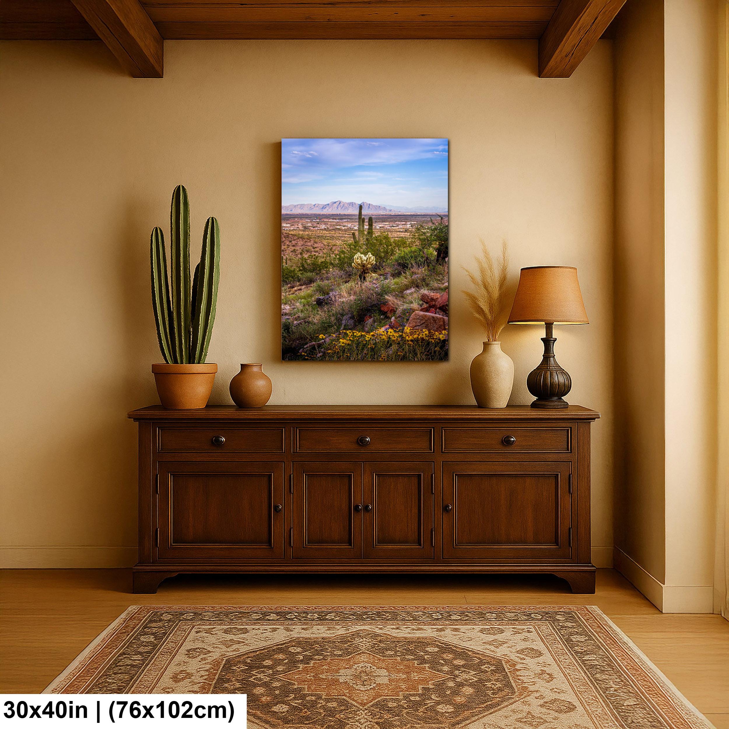 Mountain View Hike with Saguaros and Wildflowers, Casa Grande Arizona Desert Wall Art