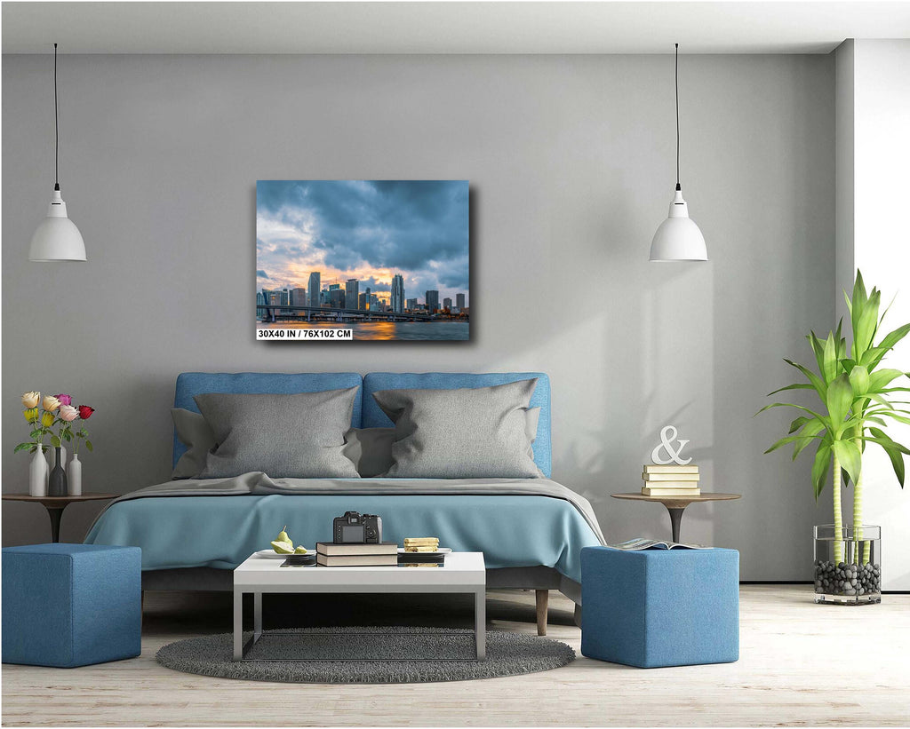 Miami Skyline from the Bay at Sunset: Florida Print Wall Art MacArthur Causeway Bridge Photography Aluminum/Acrylic/Metal/Canvas Home Decor