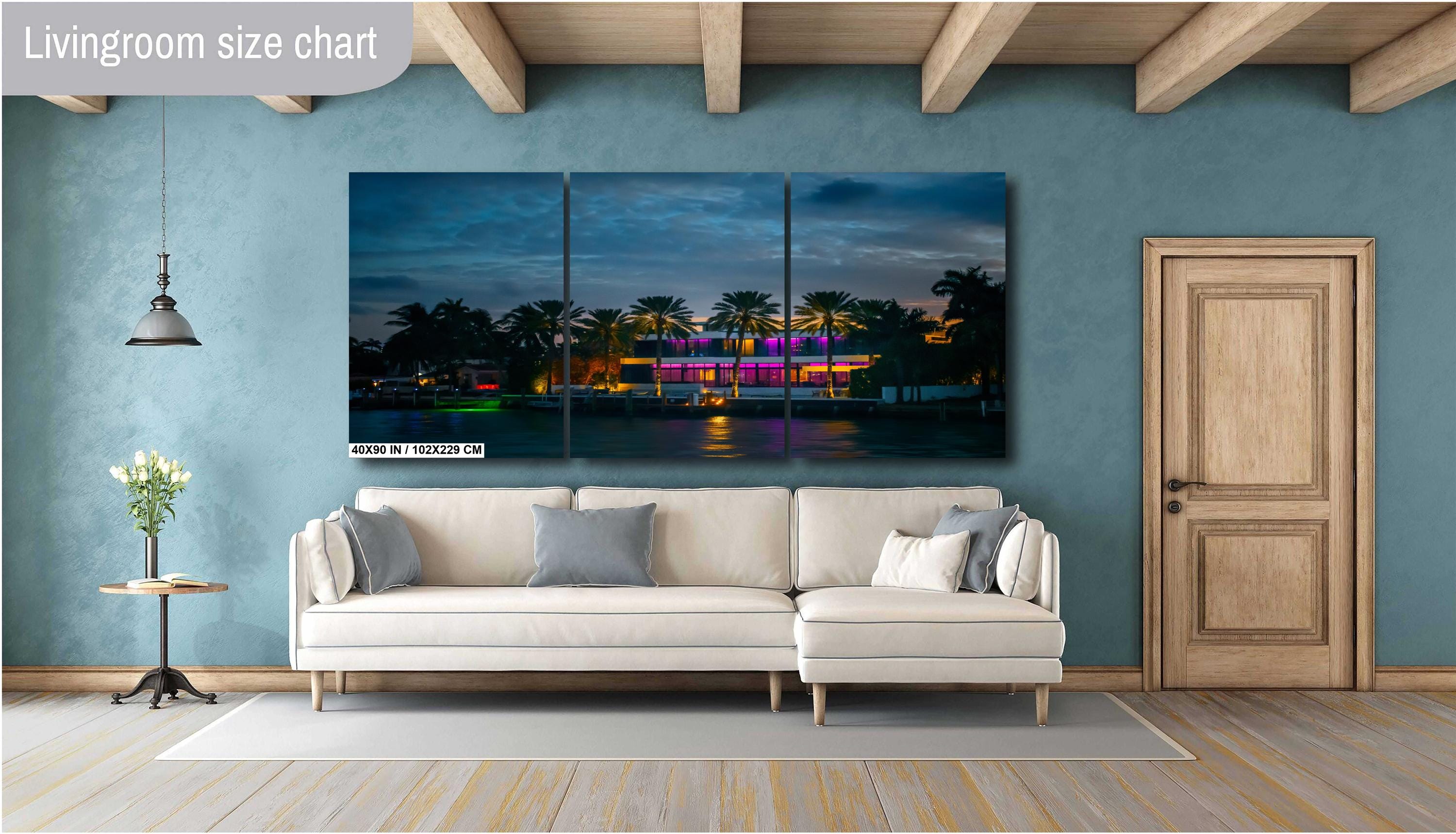 Miami Illuminated Glass House on the Bay at Night: Florida Print Wall Art Sunset Waterfront Photography  Aluminum/Acrylic/Metal/Canvas