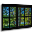 View of Namakan Lake through a rustic cabin window on Stevens Island in Voyageurs National Park.