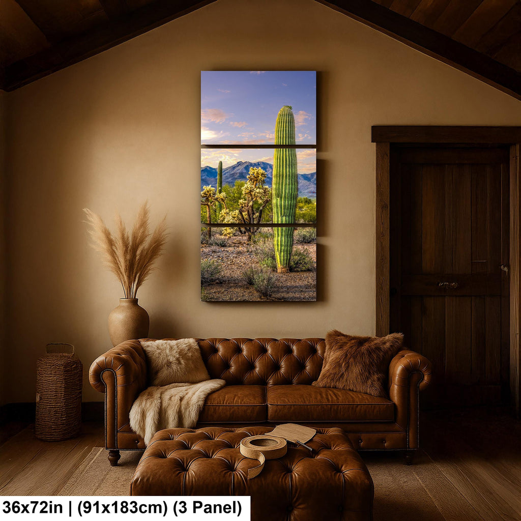 Golden Hour Saguaros and Cholla in Bloom Desert Photography Print, Tucson Arizona Southwest Wall Art Decor