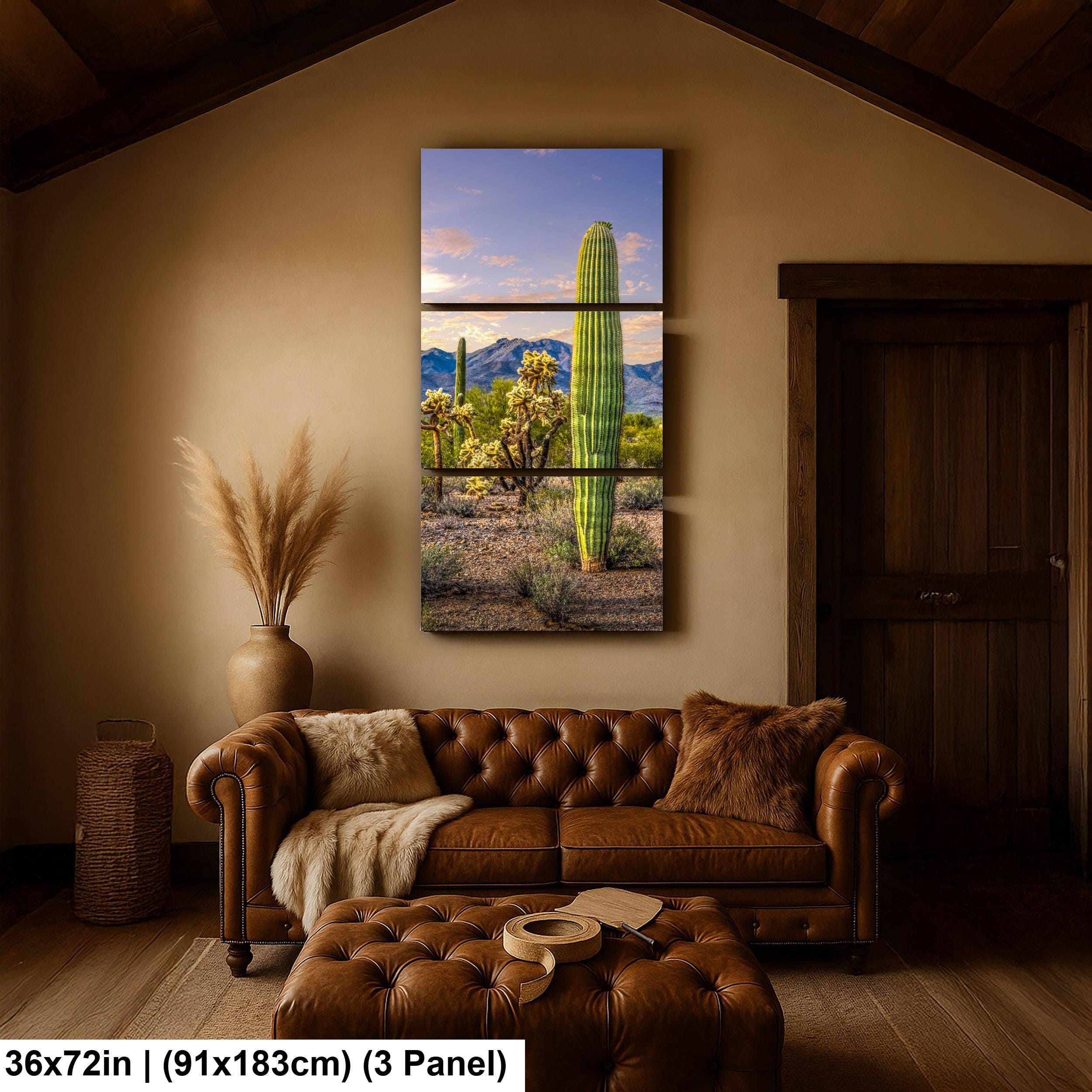 Golden Hour Saguaros and Cholla in Bloom Desert Photography Print, Tucson Arizona Southwest Wall Art Decor