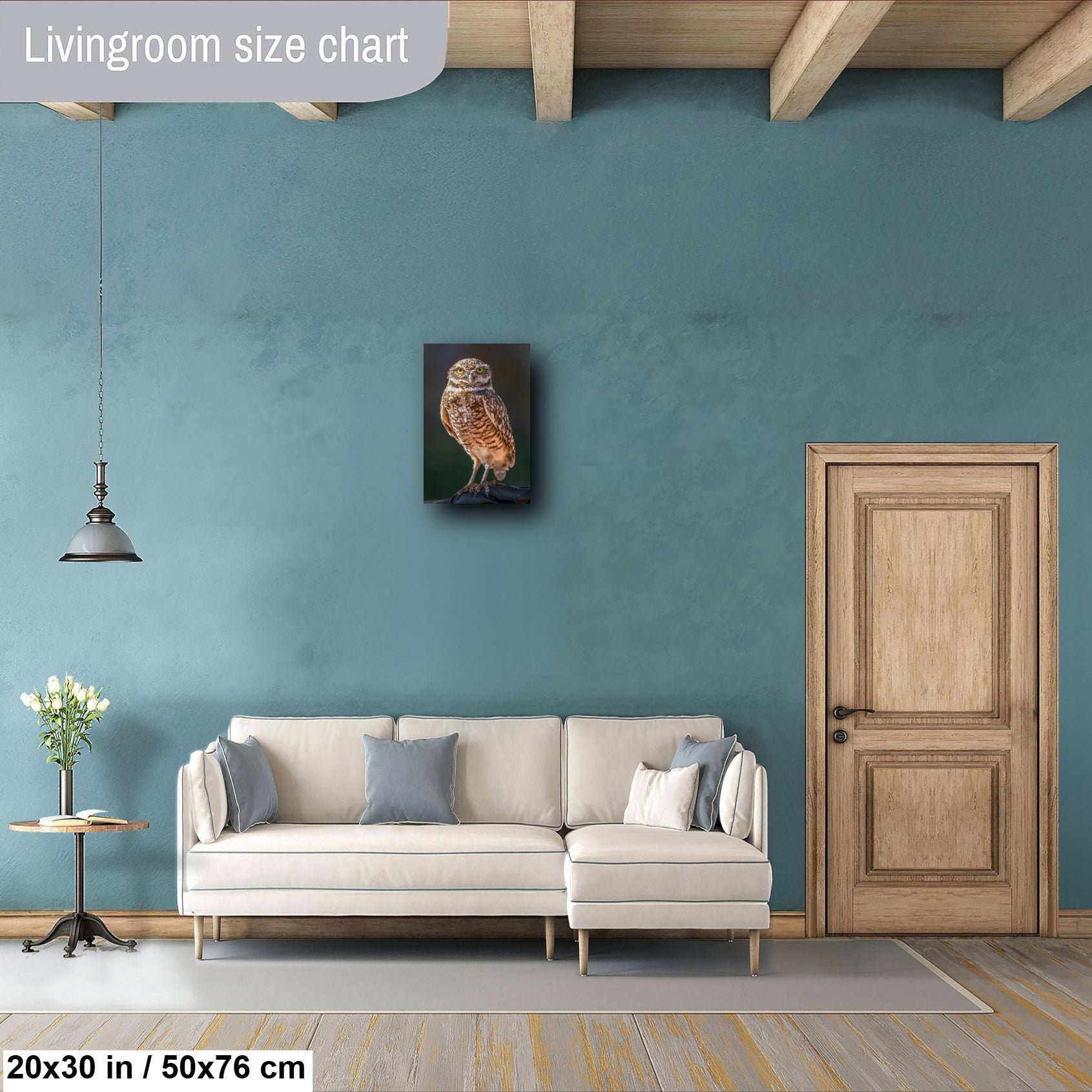 a living room with a white sofa, a wooden door, and a painting of an owl on the wall.