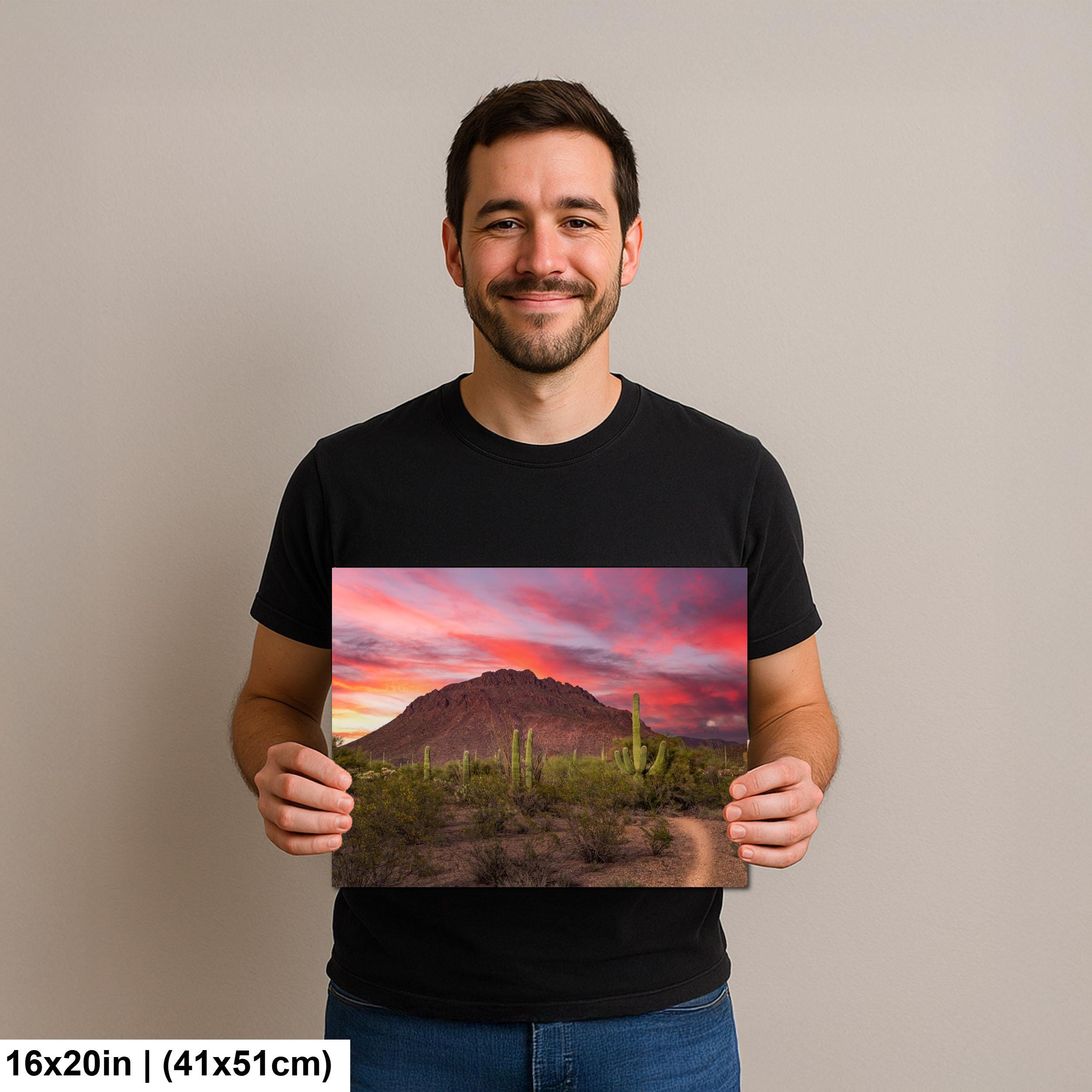 Fiery Desert Sunset with Saguaros, Tucson Arizona Photography Print, Southwest Wall Art, Dramatic Sky Decor