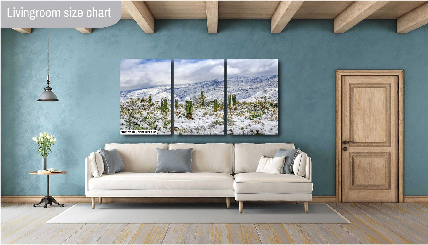 Saguaro Desert Wall Art - Winter Cactus Art Print | Snowy Desert Landscape Decor