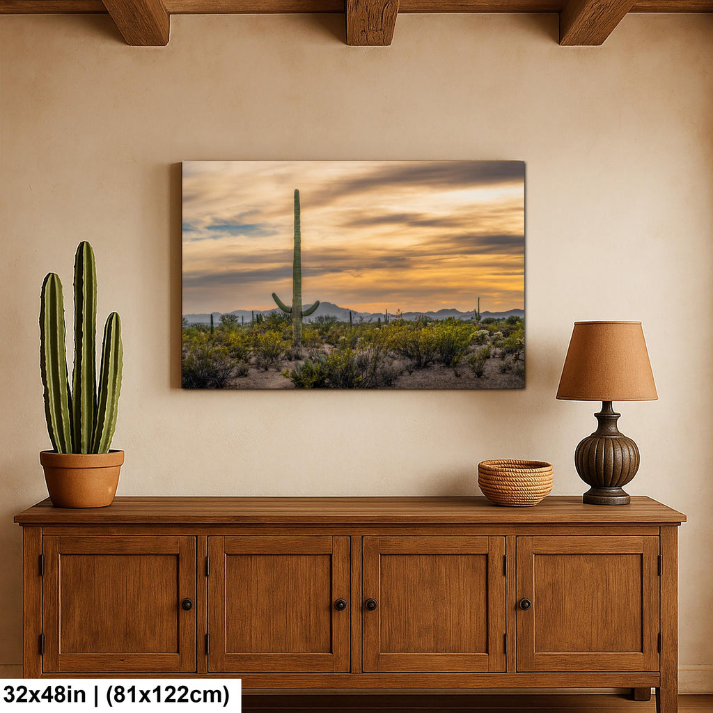 Sonoran Desert Sunset with Saguaro Cactus and Wildflowers Tucson Arizona Photography Print