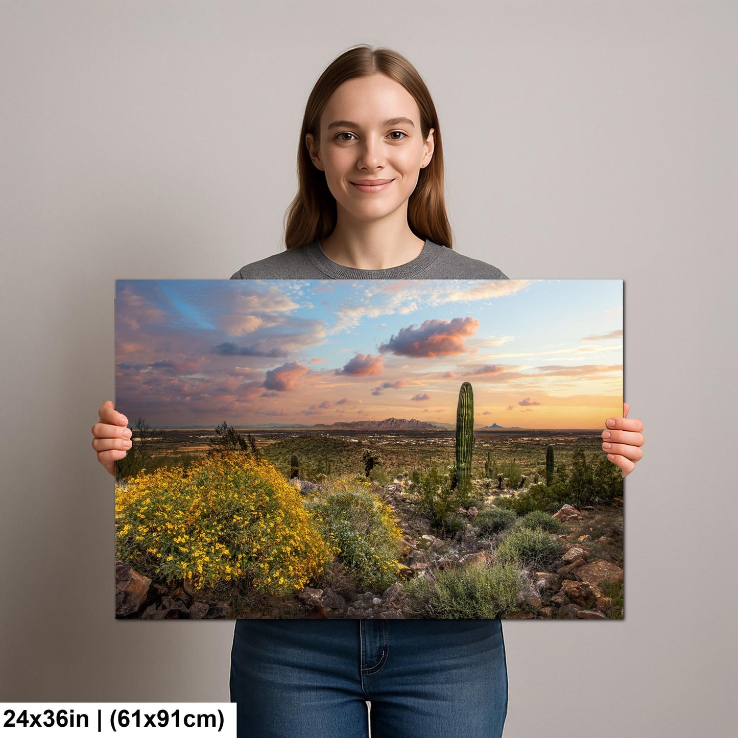 Arizona Sunset Overlook with Saguaros and Wildflowers - Casa Grande Sonoran Desert Photography Print