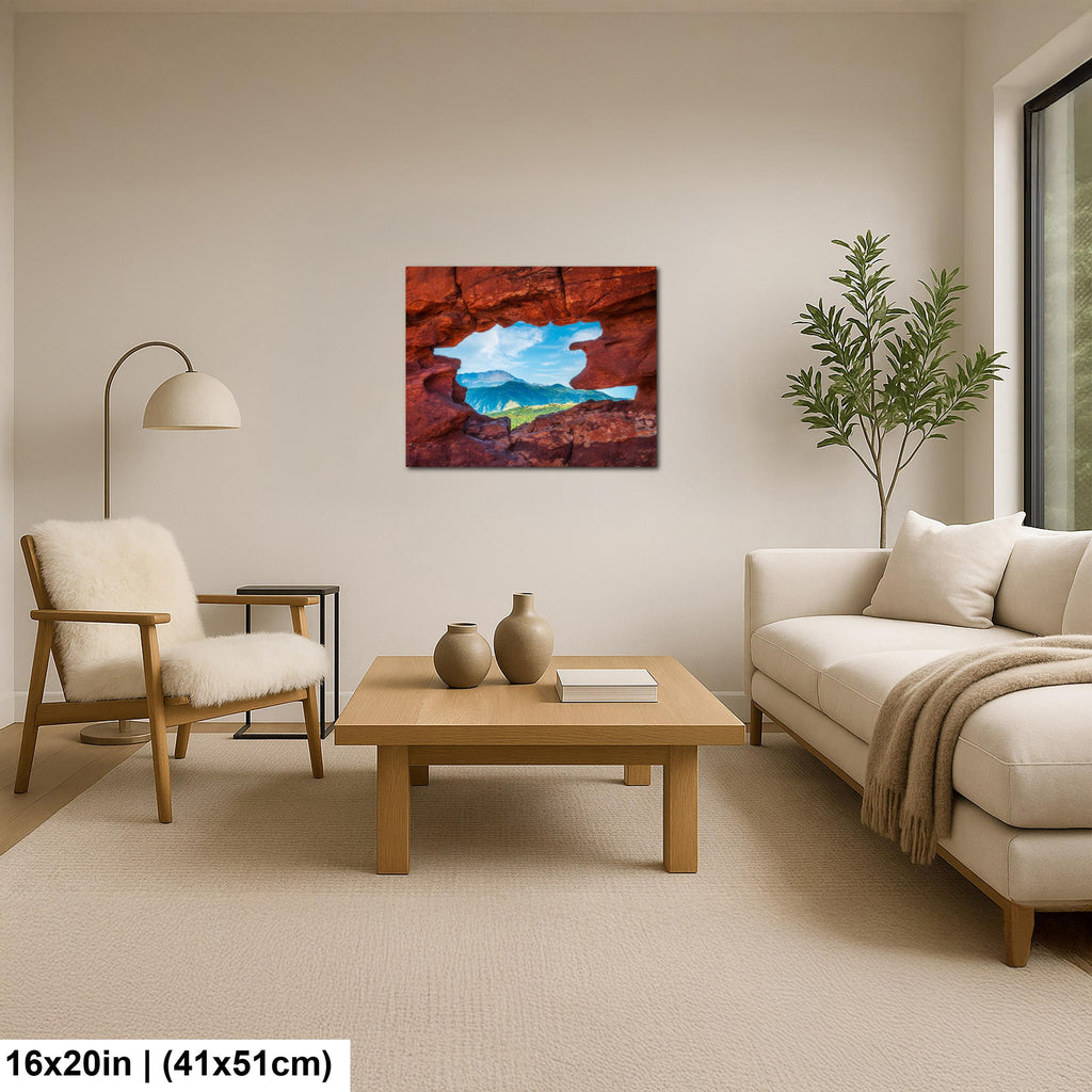 Garden of the Gods Window Colorado Springs Colorado Photography Print, Red Rock Arch, Pikes Peak Mountain Landscape Wall Art