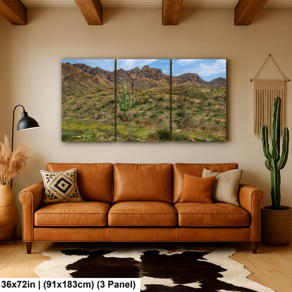 Arizona Desert Spring Wildflowers, Saguaro Mountain Landscape Wall Art, Sonoran Nature Photography Print