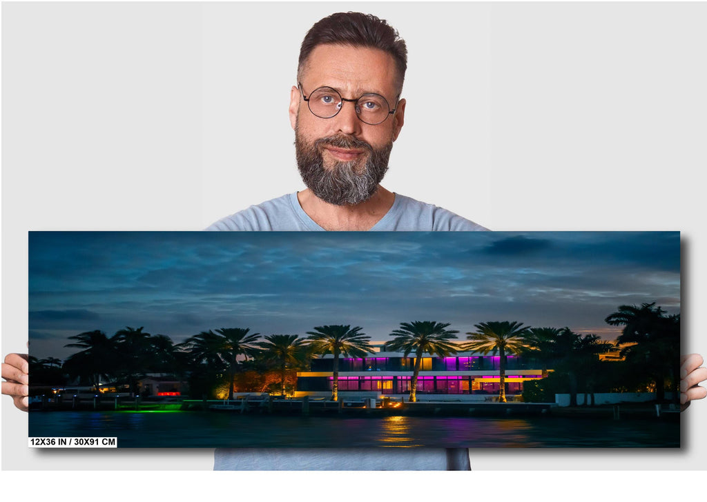 Miami Illuminated Glass House on the Bay at Night: Florida Print Wall Art Sunset Waterfront Photography  Aluminum/Acrylic/Metal/Canvas