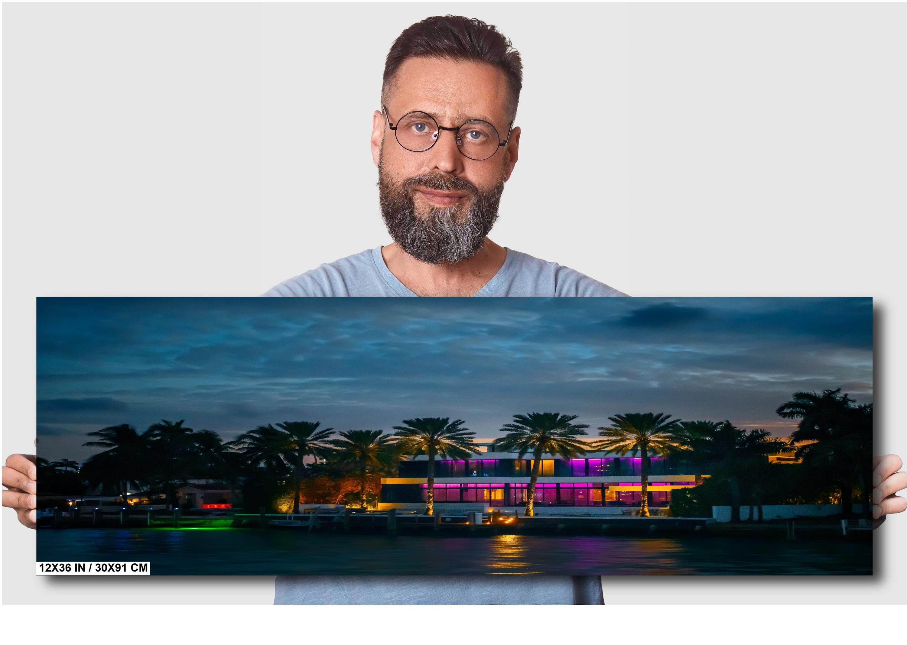 Miami Illuminated Glass House on the Bay at Night: Florida Print Wall Art Sunset Waterfront Photography  Aluminum/Acrylic/Metal/Canvas