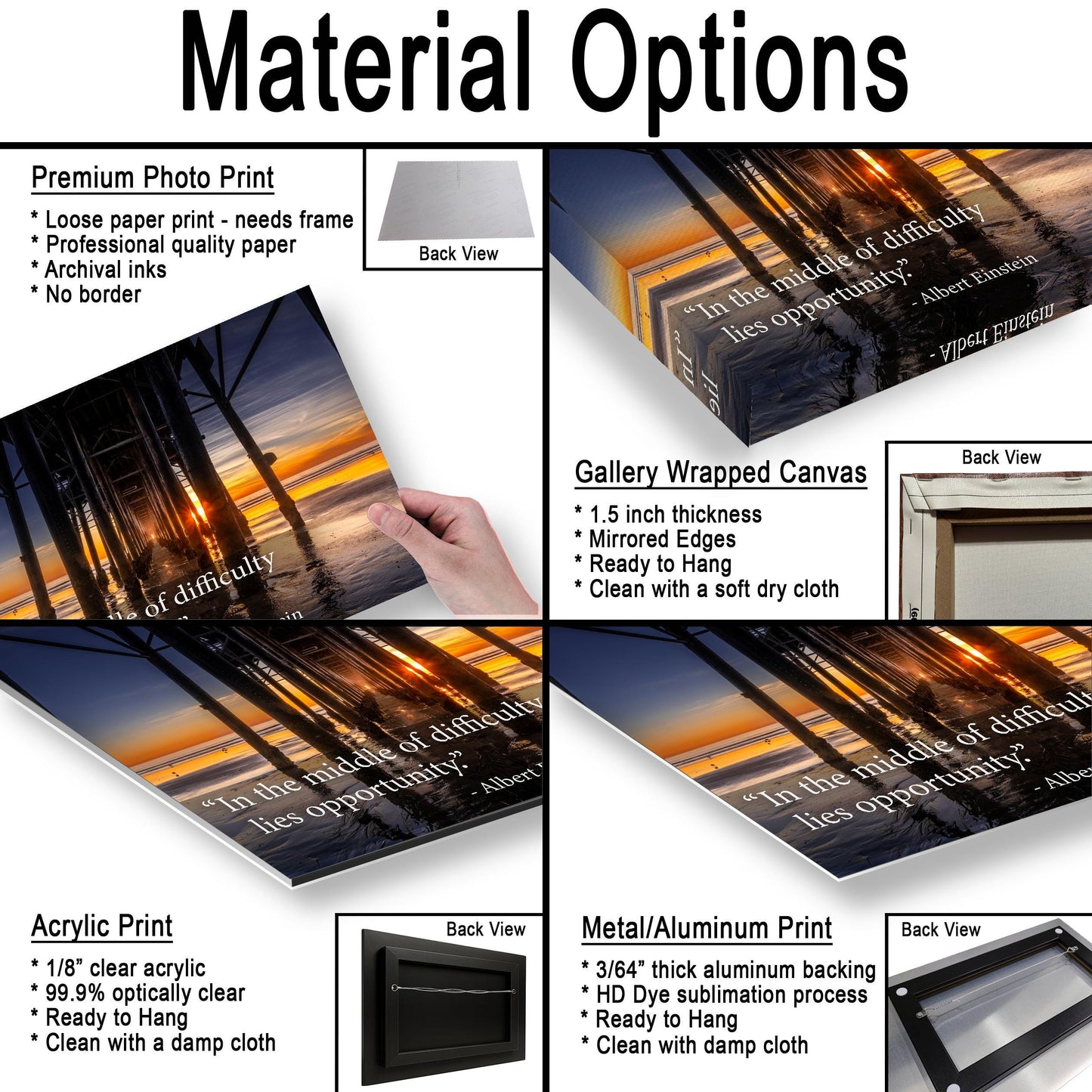 Albert Einstein Difficulty Opportunity Pier Sunset Motivational Photography Print