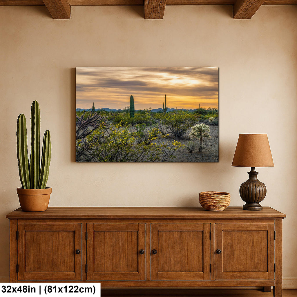Spring Wildflowers and Saguaros at Dusk Tucson Arizona Photography Print