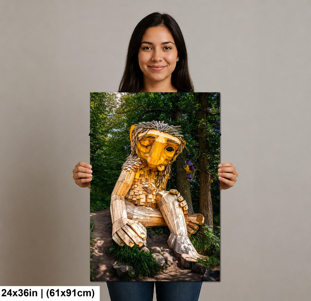 Whimsical Wooden Troll Sculpture in Detroit Lakes Minnesota Forest Print, Scandinavian Folk Art Photography