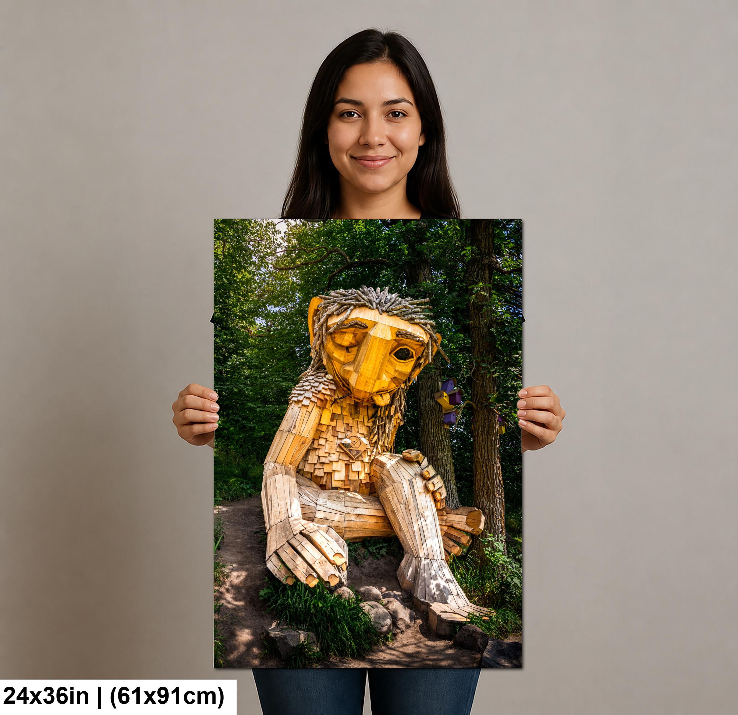 Whimsical Wooden Troll Sculpture in Detroit Lakes Minnesota Forest Print, Scandinavian Folk Art Photography