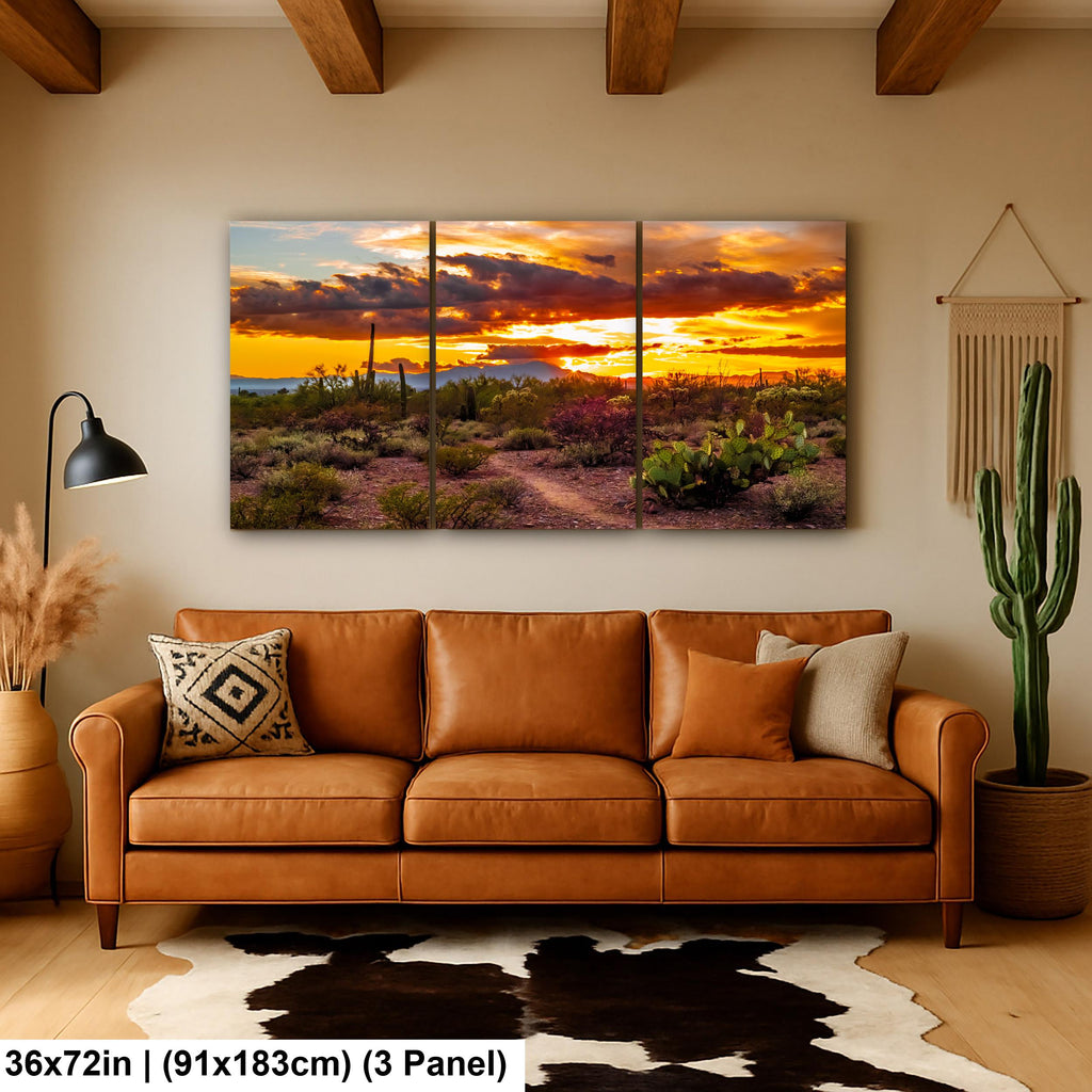 Fiery Sonoran Desert Sunset with Cactus, Tucson Mountain Park Arizona Photography Wall Art