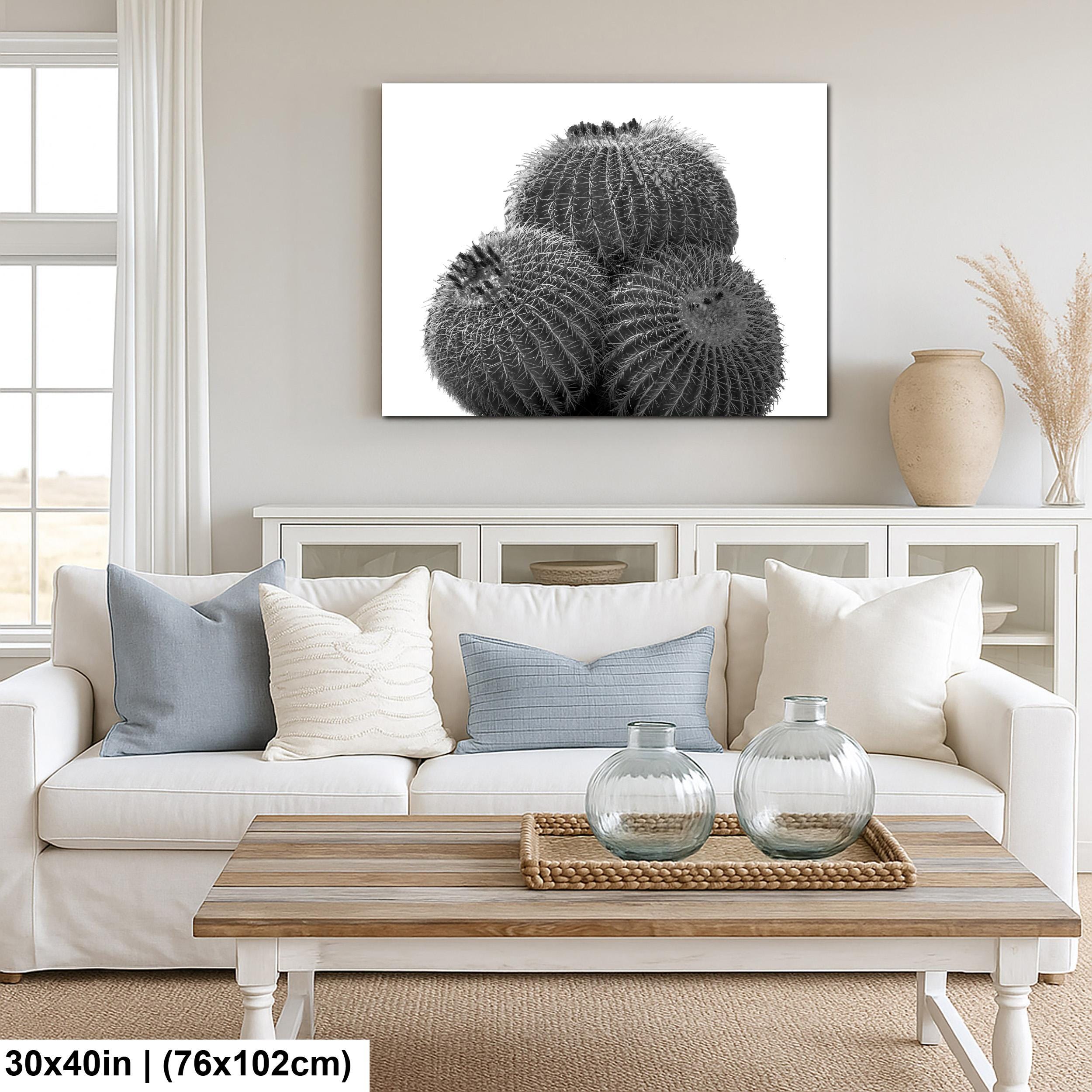 Living room with a white sofa, wooden coffee table, and decorative wall art of cacti.