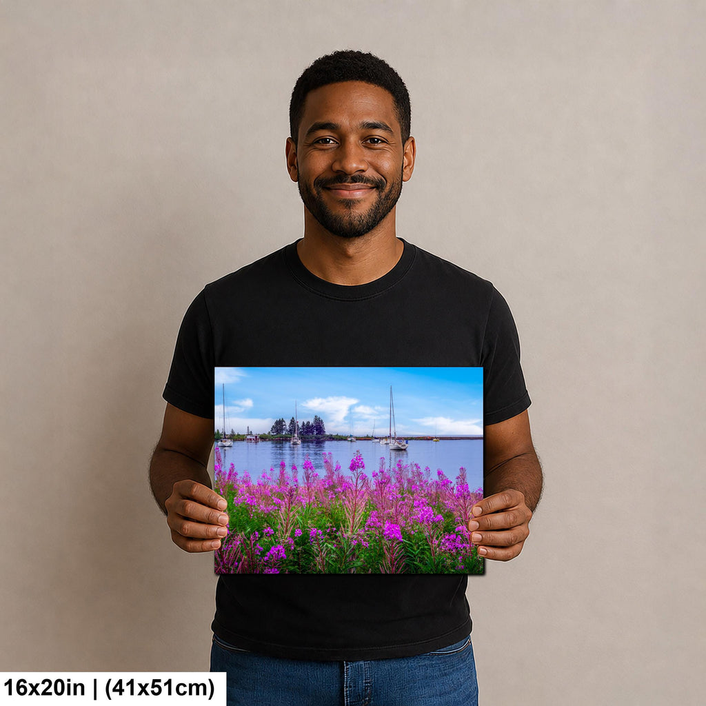 Coastal Wildflowers and Sailboats: Grand Marais Harbor Minnesota Wall Art