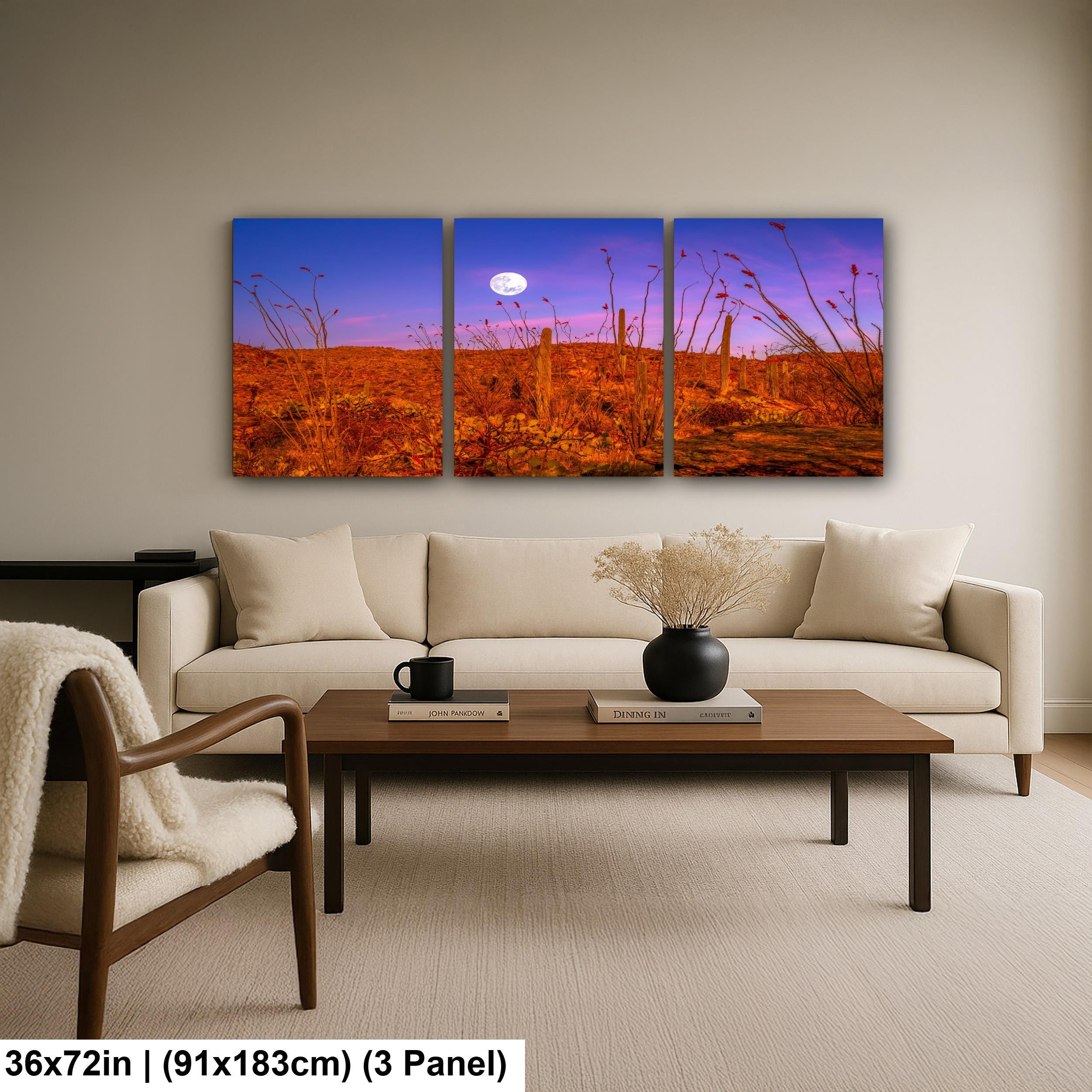Sonoran Desert Full Moon Print – Saguaros, Ocotillo, Twilight Sky Photography Wall Art