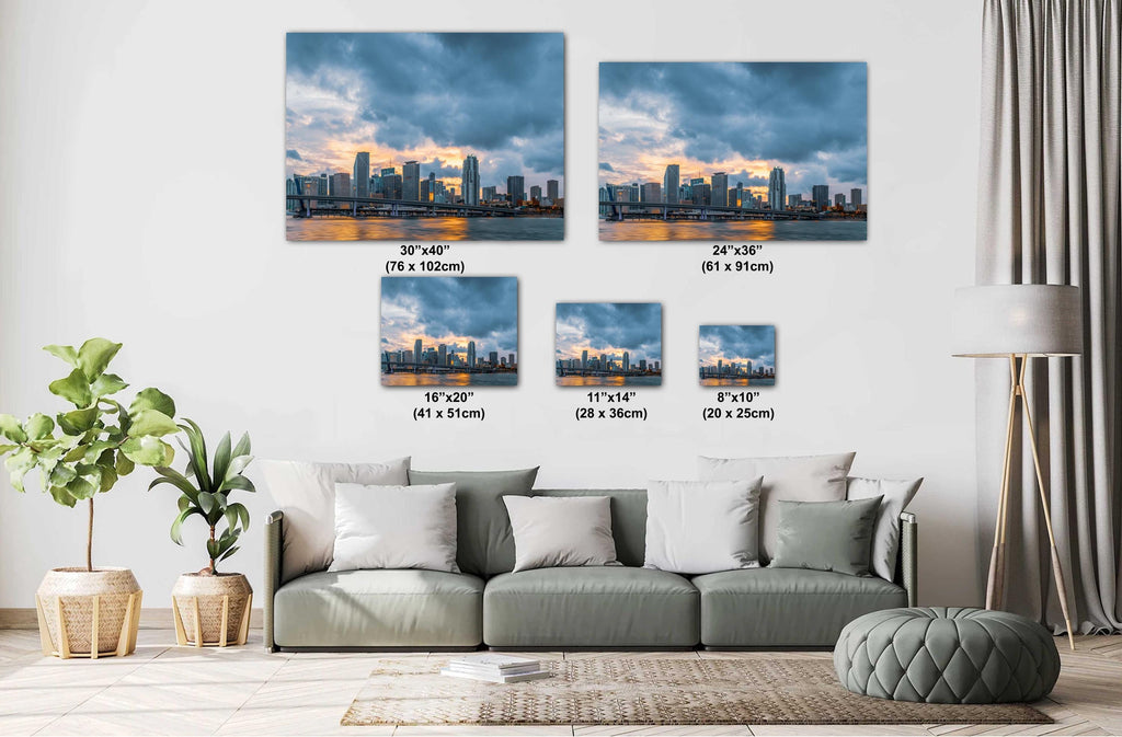 Miami Skyline from the Bay at Sunset: Florida Print Wall Art MacArthur Causeway Bridge Photography Aluminum/Acrylic/Metal/Canvas Home Decor