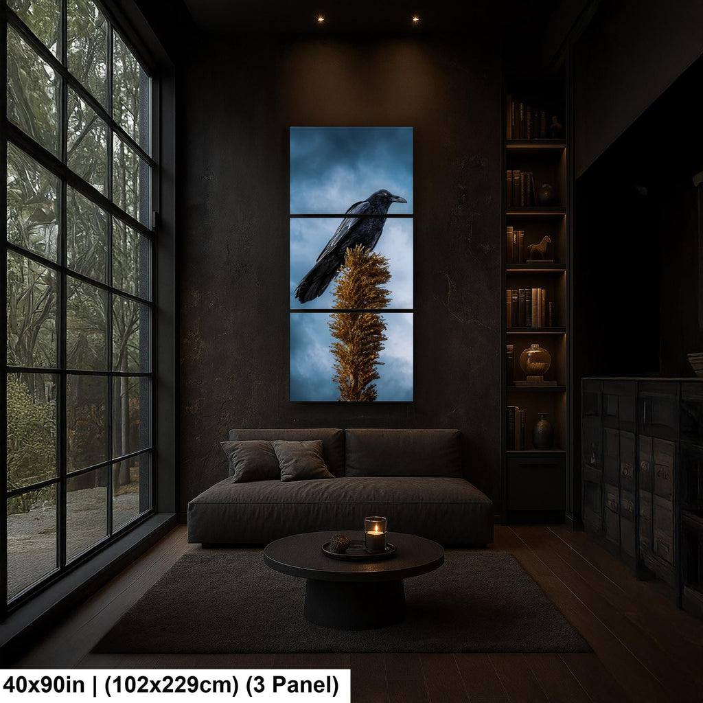 Raven Perched on Golden Agave Stalk - Dramatic Bird Wildlife Photography Print