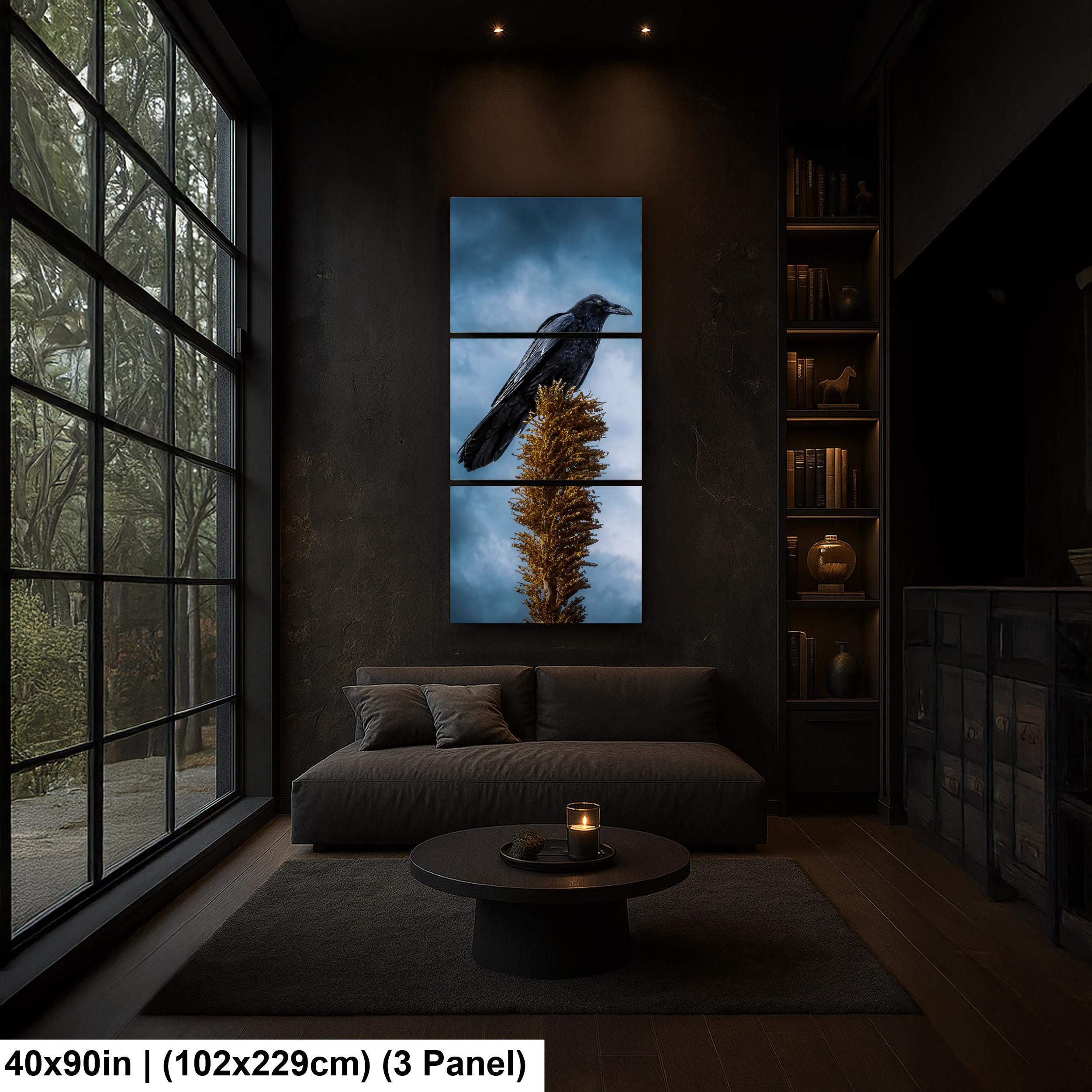 Raven Perched on Golden Agave Stalk - Dramatic Bird Wildlife Photography Print