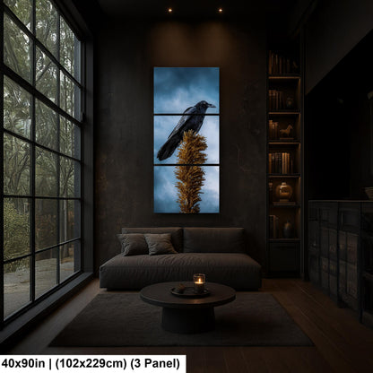Raven Perched on Golden Agave Stalk - Dramatic Bird Wildlife Photography Print