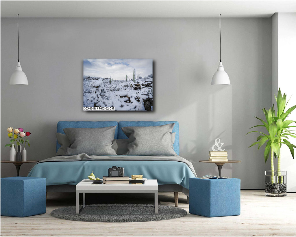 Saguaro Cactus Wall Art – Snowy Desert Photography | Winter Cactus Print Decor