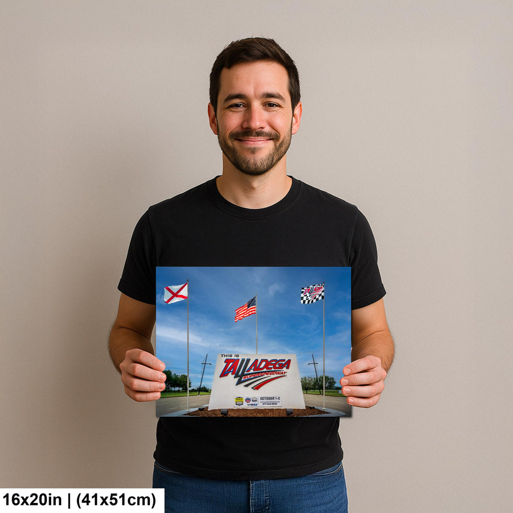 Talladega Superspeedway Sign with Flags, Talladega, Alabama, Photography Print Wall Art