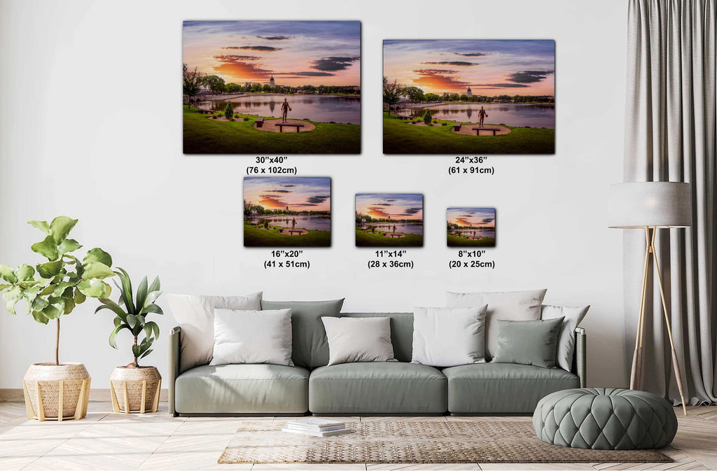 Capitol Lake Sunset: Pierre SD Bronze Statue Photography Wall Art