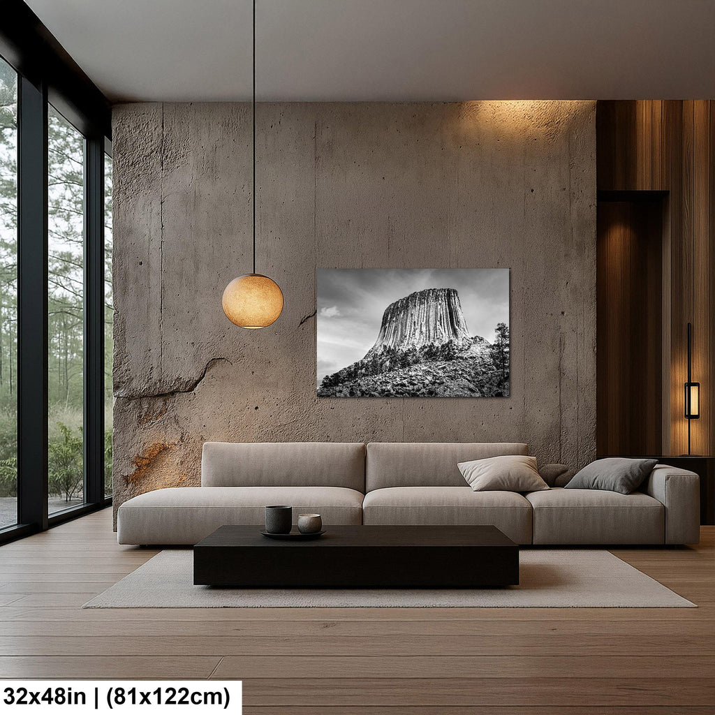 Basalt Monolith: Devils Tower Wyoming Black and White Photography Wall Art