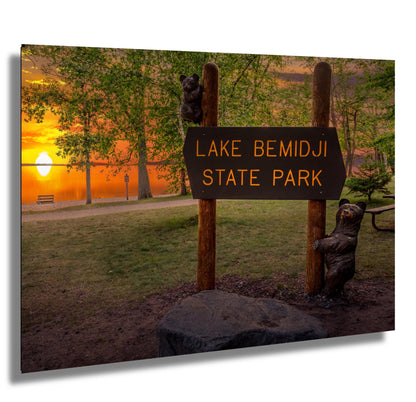 Lake Bemidji State Park Sign at Sunset Wall Art Print Aluminum/Acrylic/Metal/Canvas Forest Photography Hanging Home Decor Historic Landmark