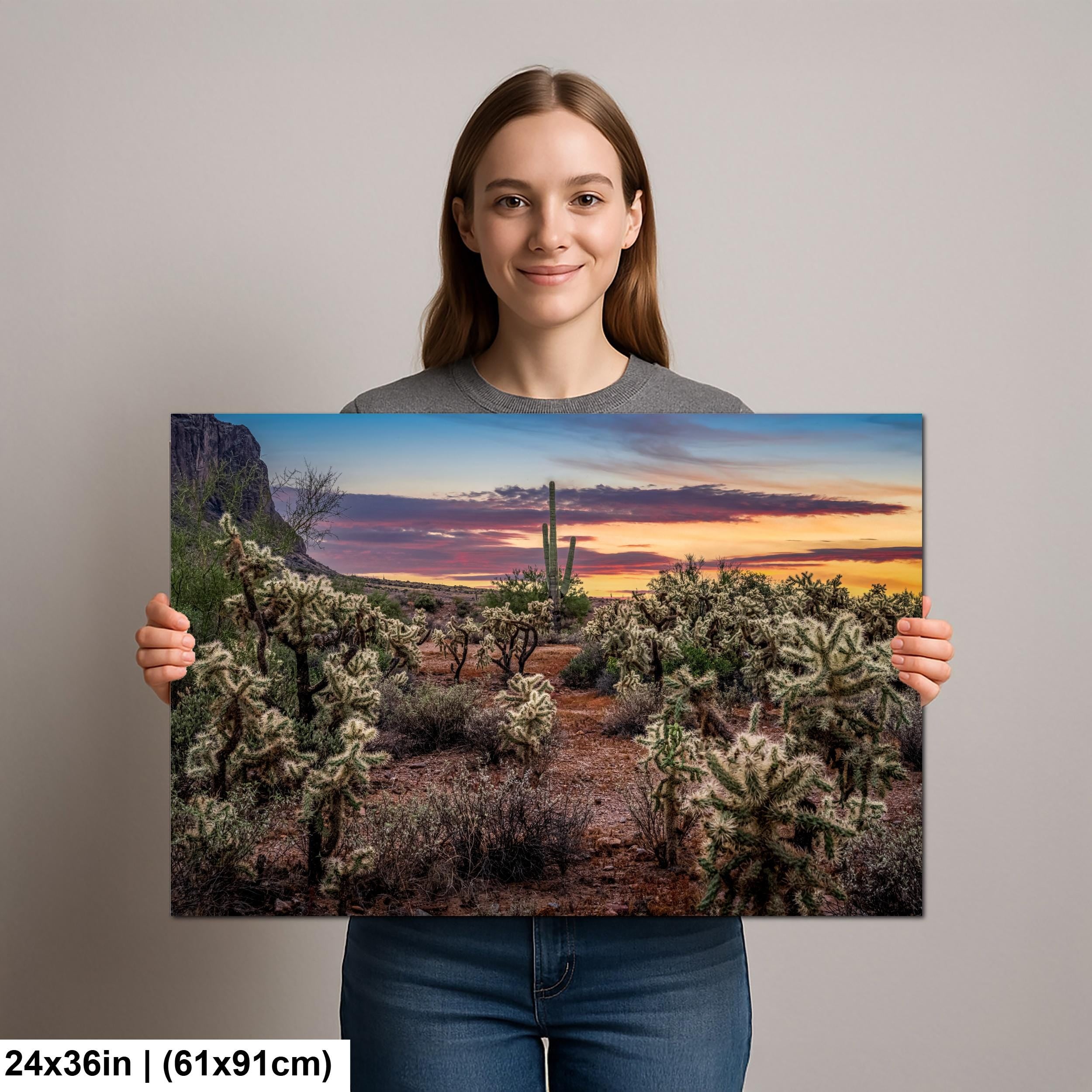 Desert Sunset Photograph, Cholla Cactus and Saguaros, Arizona Landscape Wall Art