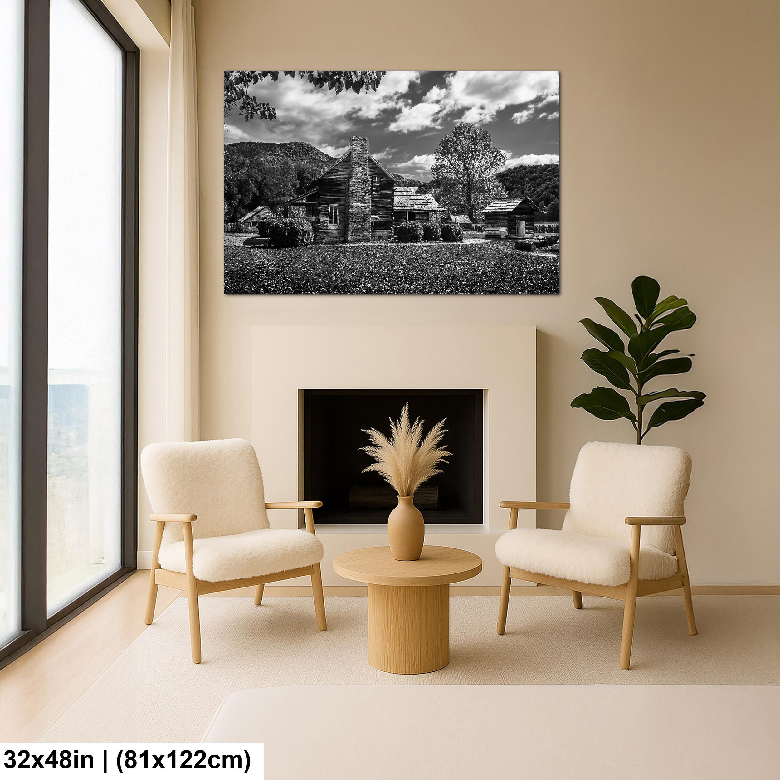 Appalachian Pioneer Homestead Black and White Photography Print, Great Smoky Mountains National Park Tennessee North Carolina