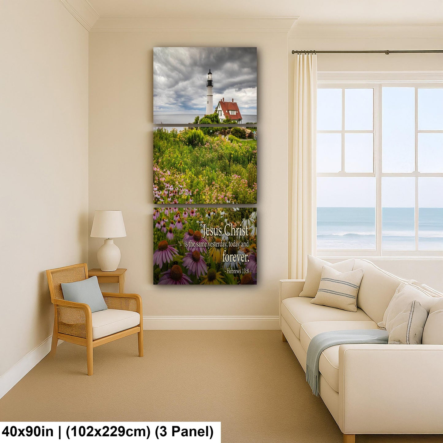 Lighthouse Wall Art – Portland Head Light Christian Wall Decor With Hebrews 13 8 Print