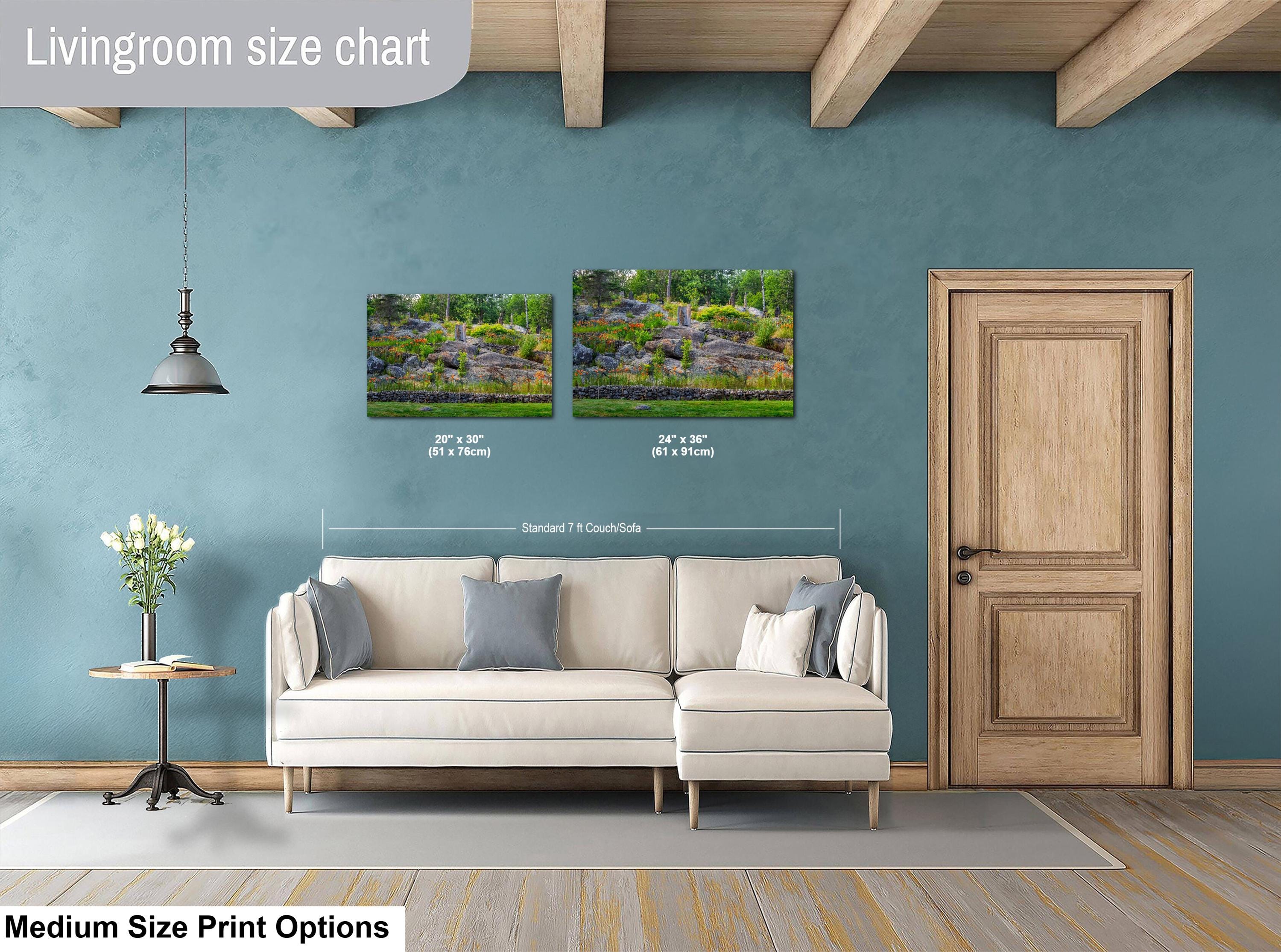 Living room with a sofa, side table, and two wall art prints on a blue wall.