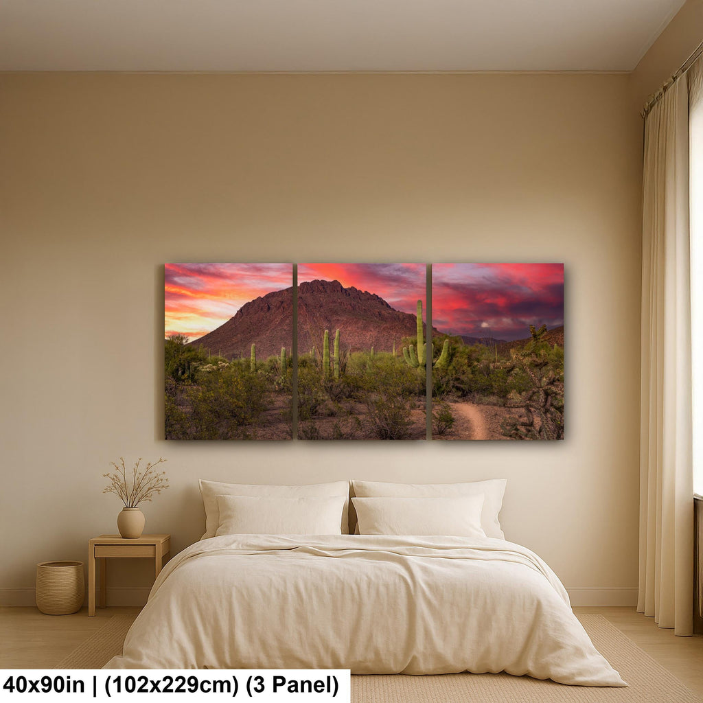 Fiery Desert Sunset with Saguaros, Tucson Arizona Photography Print, Southwest Wall Art, Dramatic Sky Decor