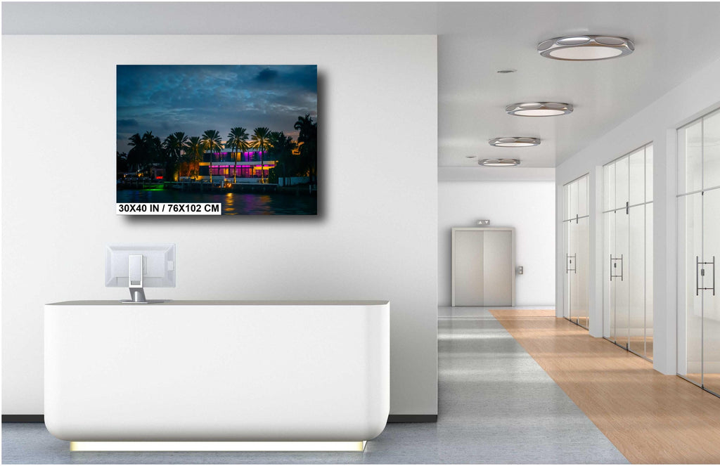 Miami Illuminated Glass House on the Bay at Night: Florida Print Wall Art Sunset Waterfront Photography  Aluminum/Acrylic/Metal/Canvas
