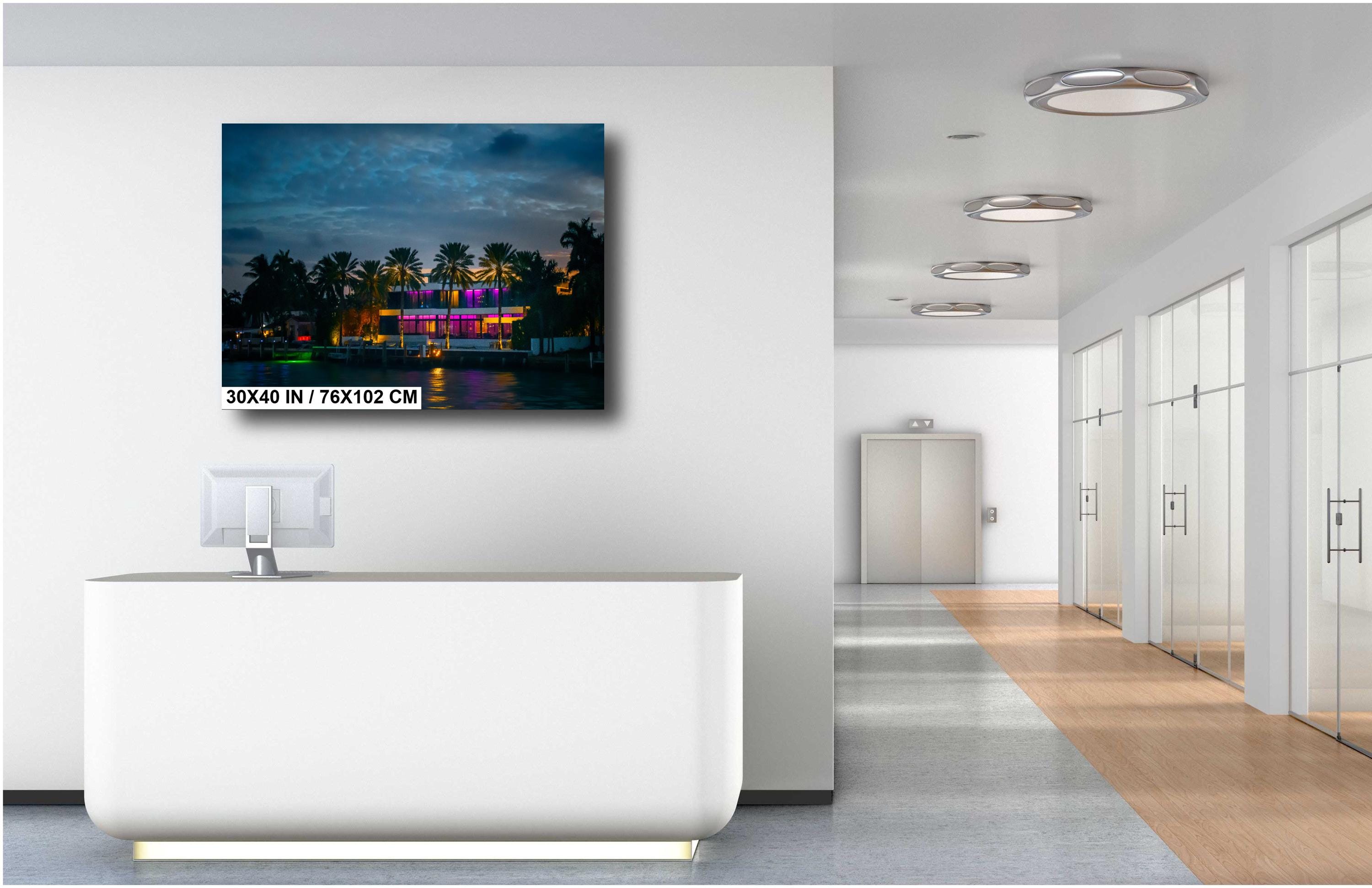 Miami Illuminated Glass House on the Bay at Night: Florida Print Wall Art Sunset Waterfront Photography  Aluminum/Acrylic/Metal/Canvas