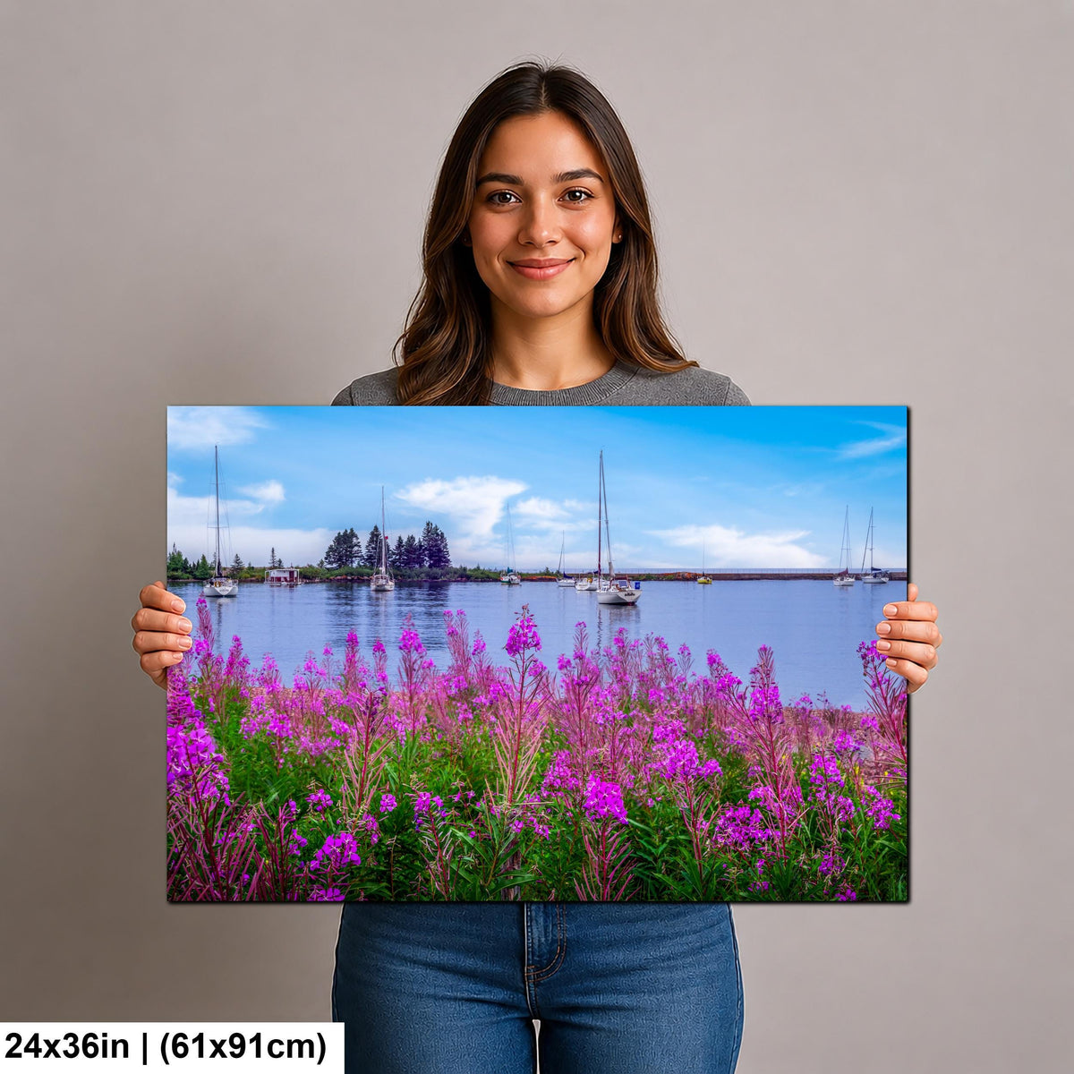 Coastal Wildflowers and Sailboats: Grand Marais Harbor Minnesota Wall Art