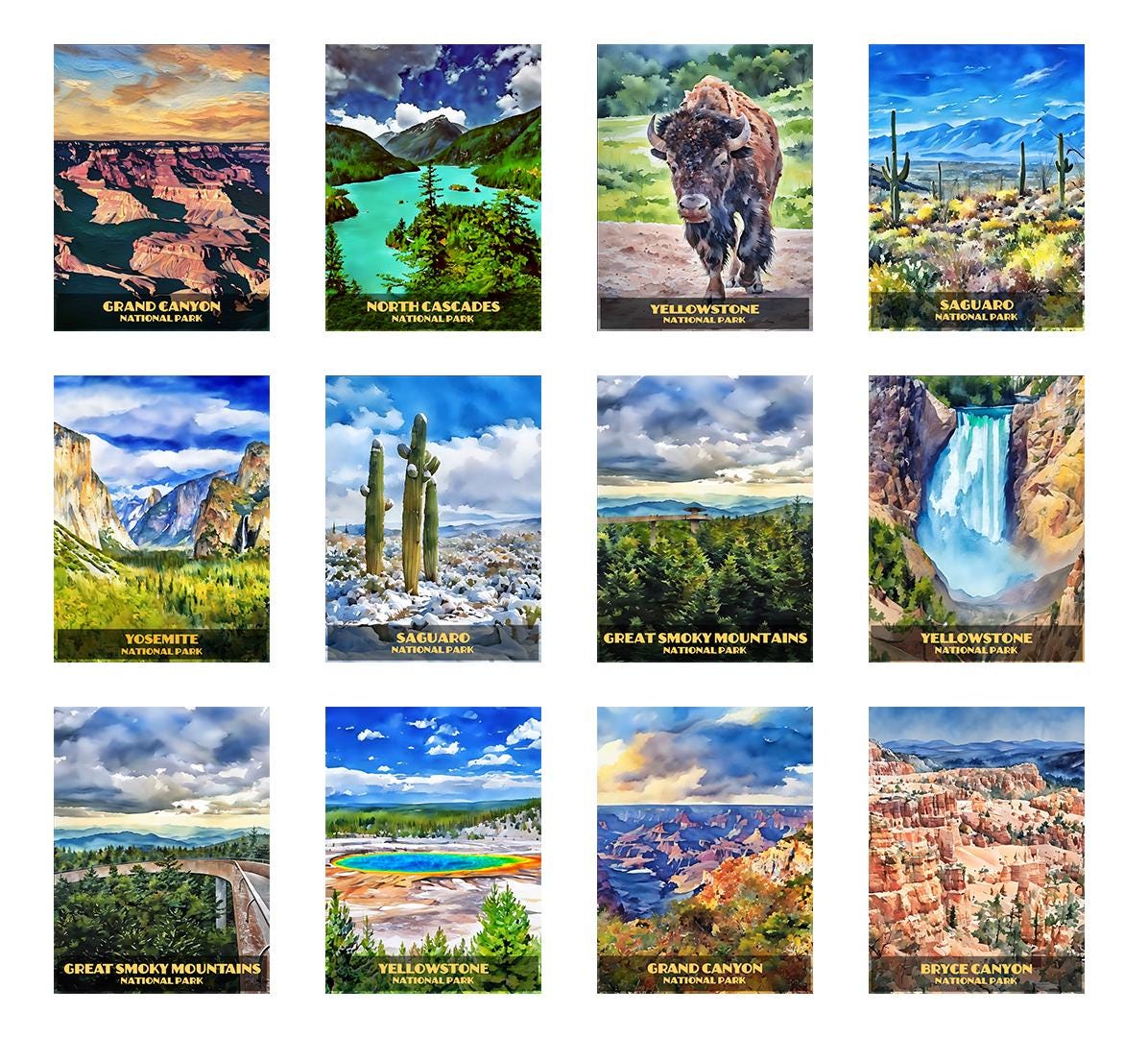 Yellowstone Lower Falls: Wyoming National Park Watercolor Style Photography Wall Art